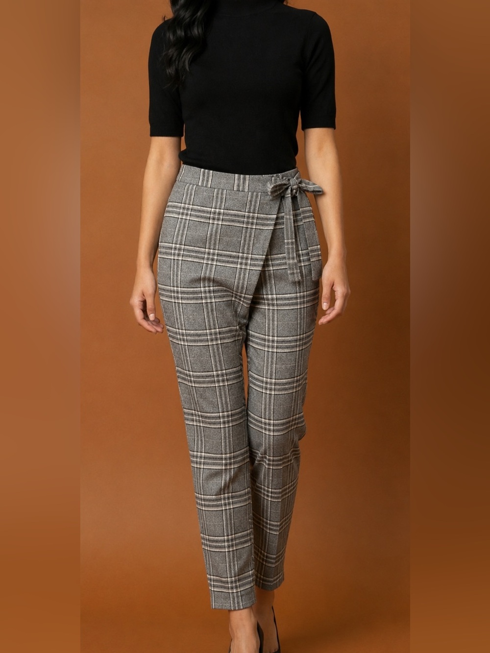 Zara Trafaluc Gray Plaid Wrap Tie Belt Ankle Pants Wool Blend XS